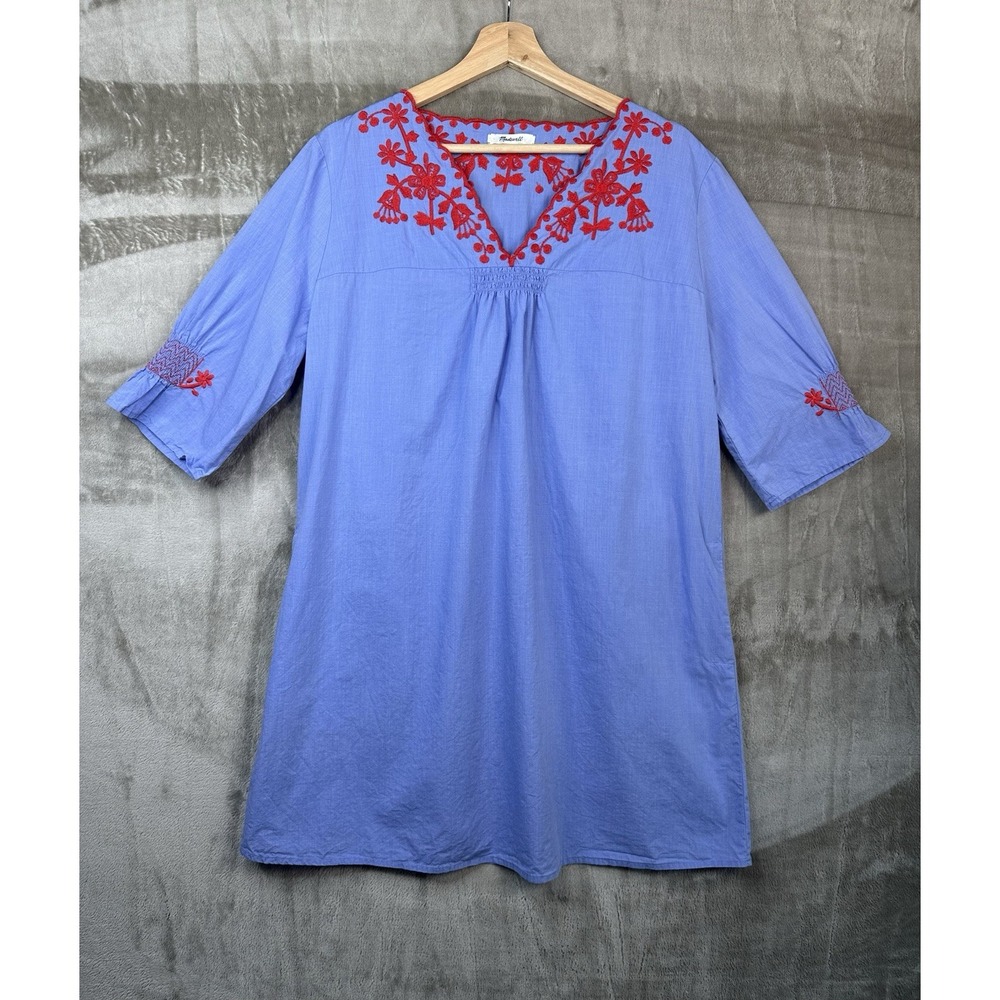 Madewell Womens Embroidered Breeze Dress Blue Red Boho Peasant Pockets Large